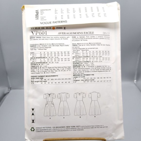 UNCUT Vintage Sewing PATTERN Vogue VP601 Model from Original 1939 Design, Misses - Picture 2 of 2